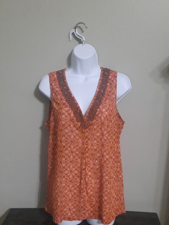 Tommy Bahama Tops - Tommy Bahama Orange Geometric V-Neck Beaded-Trim Blouse